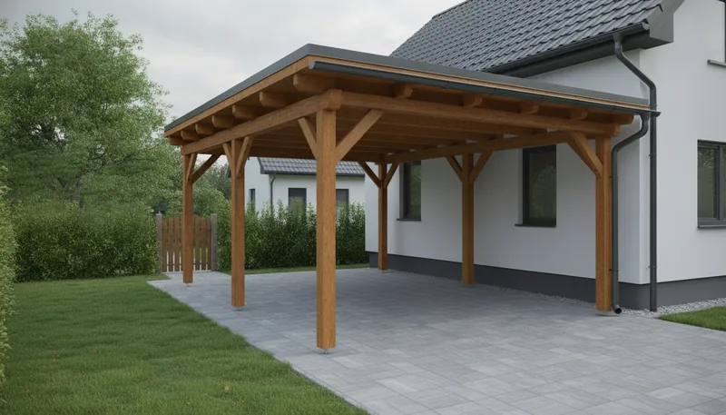 Drevený carport s&nbsp;plochou strechou z&nbsp;plechu pri bočnej stene rodinného domu, pod ním prázdne vydláždené státie pre auto