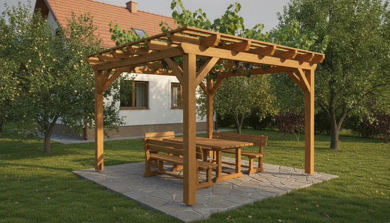Voľne stojaca drevená pergola s&nbsp;popínavým viničom nad kamennou dlažbou v&nbsp;záhrade, pod ňou drevený stôl s&nbsp;lavicami
