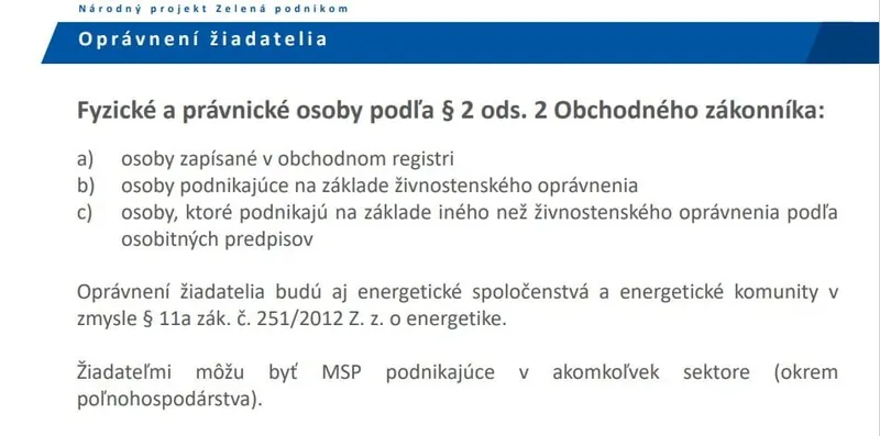 Snímka z prezentácie SIEA: oprávnení žiadatelia v projekte Zelená podnikom